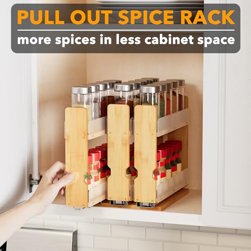 Bamboo Pull Out Spice Rack Organizer for Cabinet, Heavy Duty Slide Out Seasoning Kitchen Pantry Sliding Vertical Organization, 7.6" Wide, 3 Drawers(2" Wide), 2-Tier, Natural - view 5