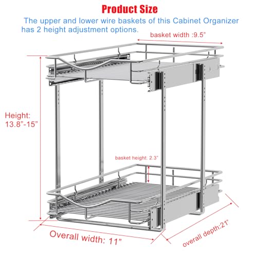 2 Tier Pull Out Cabinet Organizer (11" W X 21" D), Double Tier Wire Basket Slide Out Shelf Storage for Kitchen Base Cabinet Organization ​for Kitchen, Pantry, Bathroom, Chrome - view 2