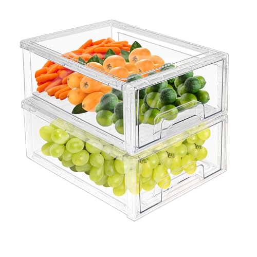 2Pack Clear Fridge Drawers Pull Out Stackable Refrigerator Drawer Organizer Bins Pantry Storage Box Plastic Food Containers for Kitchen Bathroom Office Closet (2pack Large)