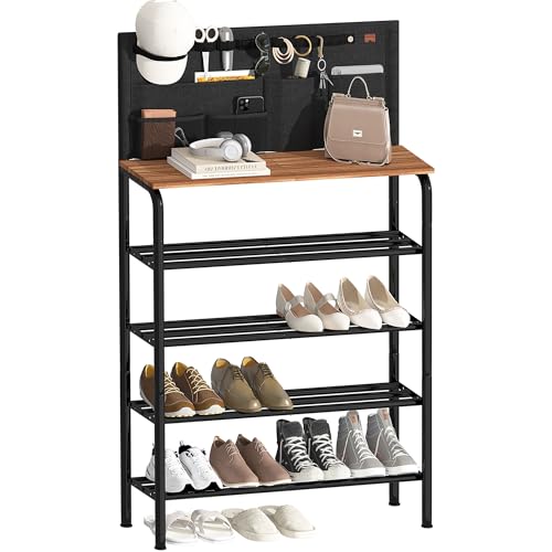 5 Tier Shoe Rack for Entryway, Metal Shoe Shelf with Storage Pocket and MDF Top Board, 16-20 Pairs Free Standing Shoes Organizer for Closet, Black
