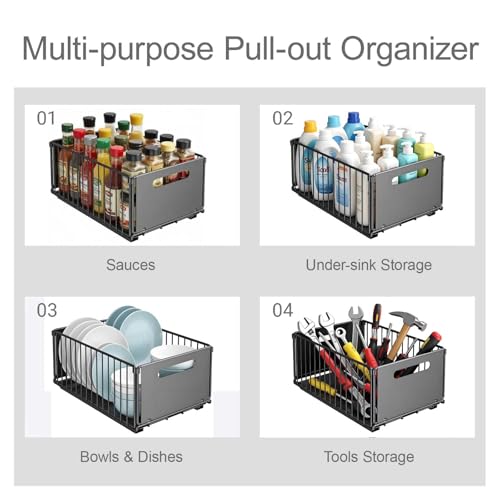 Sliding Pull-Out Cabinet Organizer 9.6"x14.8"x7.5" Black Heavy Duty Carbon Steel Drawer with Adhesive Rails, No Drill Storage Solution for Pantry/Closet - view 4
