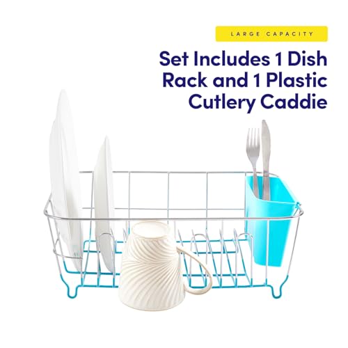 Dish Drying Rack &Cutlery Holder 2 Pc Set-Compact Sink-Fitting Dish Drainer w/ Rubberized Undercoating,Kitchen Organizer-Plates,Cups,Bowls&Utensils in Sink,Turquoise,14.5"x13"x5.25" (Pack of 12) - view 3