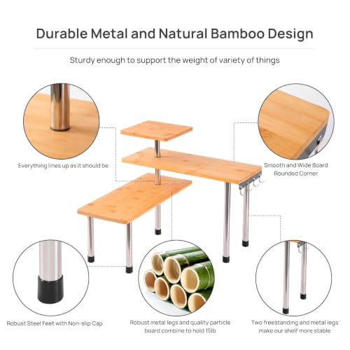 3 Tier Corner Shelf Bamboo Countertop Organizer Bookshelf Display Shelves Space Saving Rack for Living Room, Kitchen, Office (with Hooks) - view 6