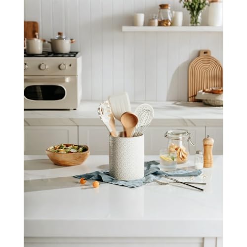 Kitchen Utensil Holder, 6x7 inch Large Ceramic Utensil Holder with Embossed Pattern, Cooking Utensil Crocks for Kitchen Countertop, Home Decor, Off-White - view 6