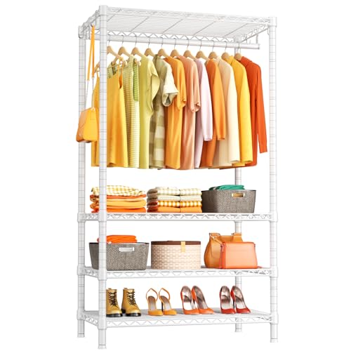 H4 Portable Closets, 4-Tier Metal Clothes Garment Rack for Bedroom and Cloakroom, Clothing Closet Storage and Organizer Wardrobe, 35.4" W x 14" D x 76.4" H, White