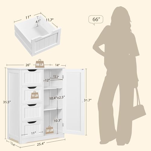 Bathroom Storage Cabinet with 4 Beadboard Drawers and Door, White - view 3