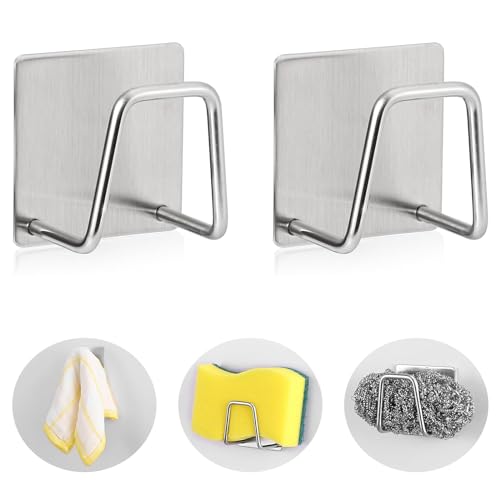 2-Pack Stainless Steel Sponge Holder for Kitchen Sink - Rustproof Brushed SUS304 Sponge Caddy Organizer, Wall/Surface Mount, Drainage Design, Clutter-Free Storage