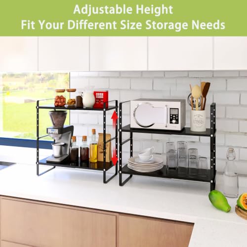 Expandable Cabinet Shelf Organizer Rack, Stackable Kitchen Countertop Organizer Storage Shelves, Adjustable Height Pantry Counter Shelf Riser Spice Rack (Black, 2 Pack) - view 2
