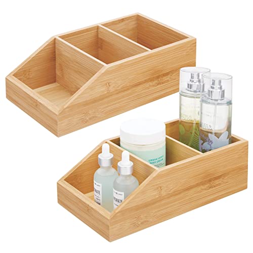 Bamboo Wood Compact Bathroom Storage Organizer Bin Box - 3 Divided Sections - Cabinets, Shelves, Countertops, Bedroom, Kitchen, Laundry Room, Closet, Garage, 2 Pack - Natural