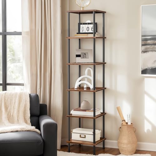 6-Tier Corner Shelf, Corner Square Rack Display Shelf, Tall Storage Rack Plant Stand, Bookcase for Small Spaces, Living Room, Home Office, Kitchen, Rustic Brown and Black BF55CJ01 - view 2