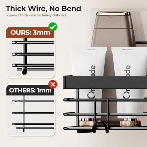 Adhesive Shower Caddy Soap Dish Holder Shelf with 5 Hooks Bathroom Organizer Basket Kitchen Storage Rack Wall Mounted No Drilling Stainless Steel - 3 Pack, Black - view 3