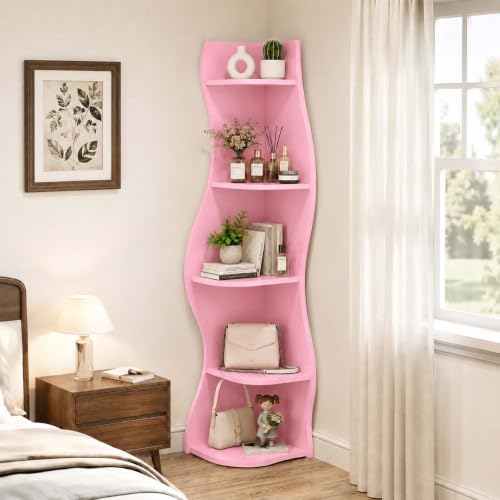 5-Tier Wavy Corner Shelf with Curvy Shape for Small Space, Pink