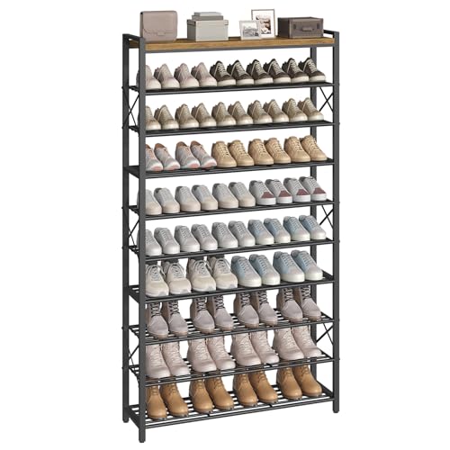 10-Tier Shoe Rack, 39.4" L Shoe Shelf for 45-50 Pairs of Shoes, Tall Shoe Storage Organizer with Metal Frame, Large Capacity Shoes Rack for Entryway, Closet, Rustic Brown and Black SS39BR