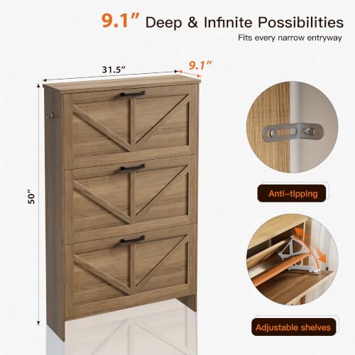 3-Drawer Flip Shoe Storage Tower – Slim-Profile Freestanding Rack with Adjustable 3-Tier Shelving, Rustic Shaker Barn Door Style, and Warm Caramel Finish – Compact Boot & Shoe Organizer - view 2