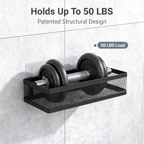 Mesh Shower Caddy Wall Mount, Heavy Duty Adhesive Bathroom Shelf Organizer, Rustproof Floating Spice Rack for Kitchen Pantry, Holds 50 LBS, Multi-Purpose Storage Black-2 Packs (Netting) - view 6