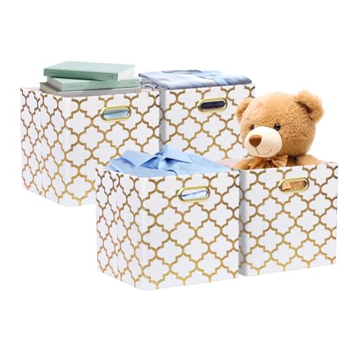 11x11x11 Storage Cube Bins, Collapsible Storage Bins Fabric Storage Cubes Organizer Baskets Box Drawers for Shelves, Closet, Wardrobe, Bookshelf, Cabinet, Cream/Gold Lantern, 4 Pack