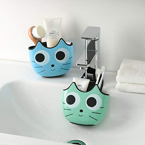 2 PACK Cat Sponge Holder Basket with Buckle,Sink Faucet Caddy Hanging Drain Rack, Gadget Soap Brush Desk Pen Organizer for Kitchen Bathroom,Green Blue - view 2