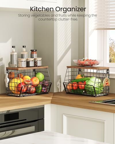 2-Tier Fruit Basket for Kitchen, Stackable Hanging Basket Wire Baskets with Wooden Lid, Wall-Mounted Kitchen Counter Organizer for Fruit, Vegetable Storage, Rustic Brown and Black TCW02P2BF - view 2
