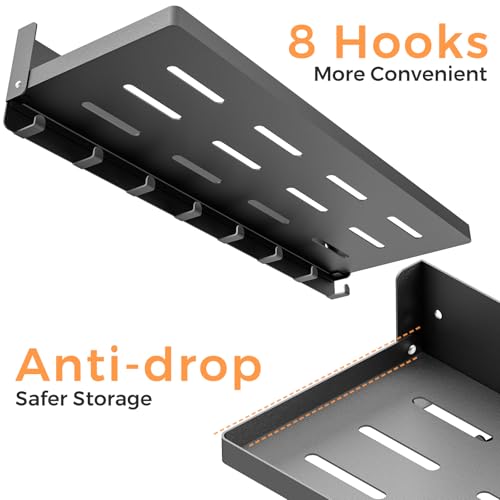Folding Shelf with Hooks Wall Mount, Laundry Room Metal Shelves, Fold Up 90° and 8 Hooks, Foldable Storage Wall Shelf for Rv, Utility Room, Garage, Space Saving, Black（17.0", 2 Pack） - view 4