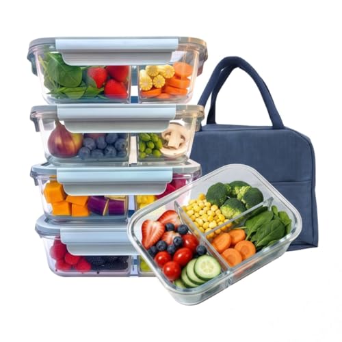 5Pack (32oz-3 Compartments with Lunch Bag) Glass Food Storage Containers with Lids for Kitchen Meal Prep, Fridge Organization, Lunch Box - view 2