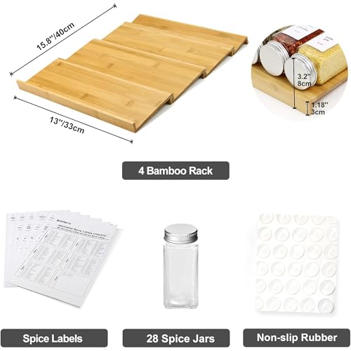 Spice Drawer Organizer with 28 Spice Jars and 216 Labels,Non-slip Rubber, Bamboo 4 Tier Spice Racks Tray Seasoning Containers for Kitchen Drawers,Cabinets,Countertops,13" Wide * 15.8" Deep - view 3
