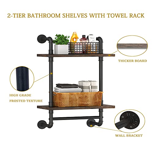 2 Tier Industrial Pipe Floating Bathroom Shelves Wall Mounted with Towel Bar, Rustic Wood Wall Shelf, 16 Inch Metal Towel Rack Storage Bookshelf for Bathroom, Kitchen, Farmhouse, Living Room - view 4