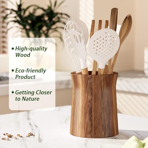 7.2" Utensil Holder for Kitchen Counter Large Round Utensils Holder with Wooden Base Matte Black Cooking Utensil Holder，Kitchen Countertop Utensil Organizer (Wooden) - view 5