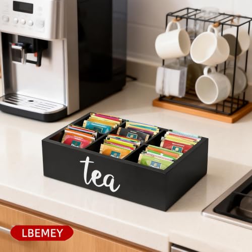 Tea Bag Organizer, Wood Tea Storage Containers with 6 Compartments, Sugar Packet Holder,Tea Bag Caddy Box for Cabinet Countertop Office (Black-Labeled "Tea") - view 5