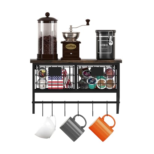 Industrial Wall Mounted Metal Wood Floating Shelves with Baskets Hooks Hanging Display Shelf Sundries Holder for Coffee Bar Kitchen Bathroom Organization and Home Decor, Black (16inch, 1 Set)
