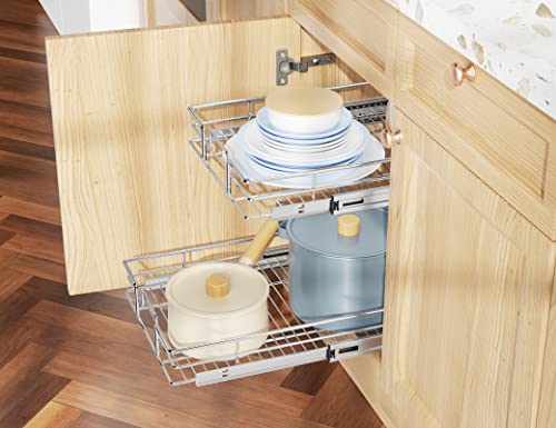 Individual Pull Out Cabinet Organizer, 2 Tier Slide Out Cabinet Drawers, Pots and Pans Organizer and Storage Pantry Shelf for Kitchen (14" W x 21" D) - view 6