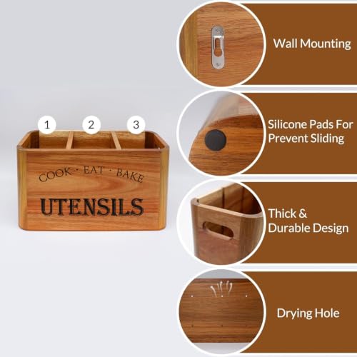 Wooden Kitchen Utensil Holder Organizer for Counter or Countertop, Large Wooden Utensil Holder for Storage Cooking and Silverware with 3 Compartment, Acacia Rustic Wood Container Extra Large - view 4