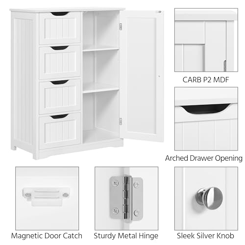 Bathroom Storage Cabinet with 4 Beadboard Drawers and Door, White - view 6