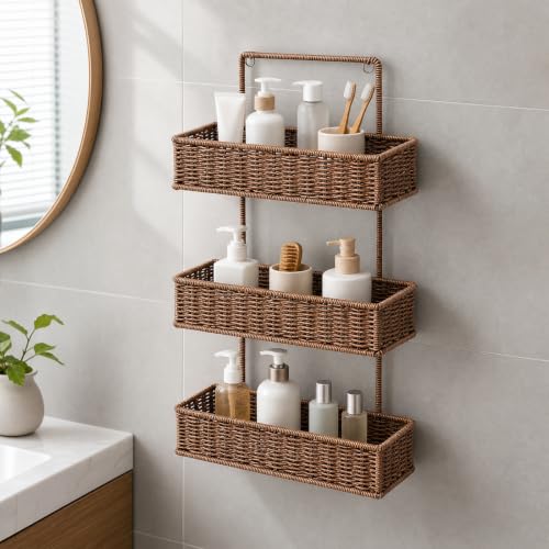 Three-Tier Wall-Mounted Storage Basket Compact PP Hanging Basket with Three Compartments Sturdy Woven-Texture Wall Organizer with Open Baskets, Dark Brown - view 2