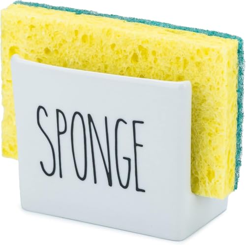 Porcelain Sponge Holder for Kitchen Sink. Compact Sink Caddy Organizer - Scrub Daddy Compatible Dish Sponge Holder. Ceramic Black and White Kitchen Decor and Cute Kitchen Accessories - view 6