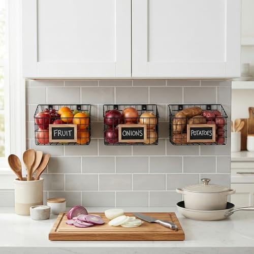 10 Inch Wall Mounted Matte Black Metal Wire Storage Baskets with Chalkboard Labels, Small Hanging Organizer Bins for Home Entryway Kitchen Pantry Closet, Set of 3 - view 5
