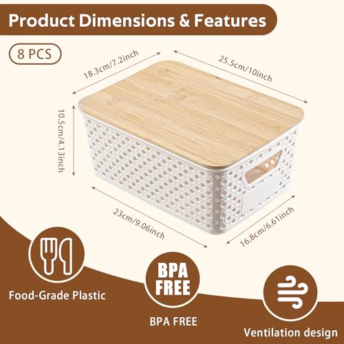 8 Pack Plastic Storage Bins with Bamboo Lids - Stackable Storage Baskets with Handle for Pantry Organizer and Storage, Plastic Containers Bins Lidded Storage Bins for Classroom Office Shelves - view 3