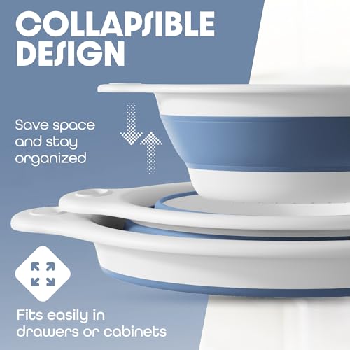 Collapsible Colanders (3 Pack Set) Food Strainers with Over-Sink Water Draining Base for Pasta Fruits and Vegetables, White/Blue (3 Sizes, 3QT, 4QT and 5 Quart) - view 4