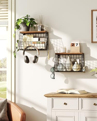 2-Tier Fruit Basket for Kitchen, Stackable Hanging Basket Wire Baskets with Wooden Lid, Wall-Mounted Kitchen Counter Organizer for Fruit, Vegetable Storage, Rustic Brown and Black TCW02P2BF - view 3