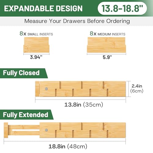 Bamboo Drawer Dividers - Adjustable Drawer Dividers for Kitchen, Clothes, Closet & Office - 8 Pack with Inserts, 13.8-18.8 Inches, Non-Slip Silicone Ends - view 2
