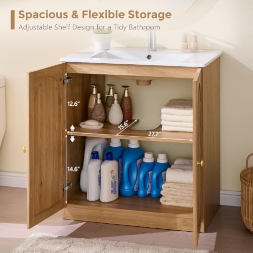 30 Inch Arched Bathroom Vanity with Sink, Fluted Design, Natural Oak - view 4