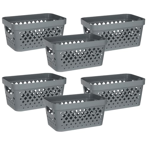 Plastic Baskets for Organizing, Set of 6 | Pantry Storage for Under Counter, Linen Closet, and Bathroom | Nesting Shelf Bins with Handles, 1 Gallon, Grey