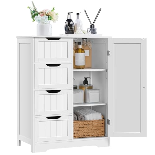 Bathroom Storage Cabinet with 4 Beadboard Drawers and Door, White