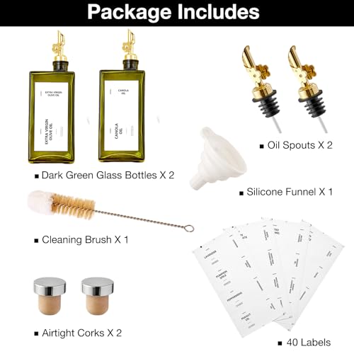 Olive Oil Dispenser Bottle for Kitchen, 16.9oz /500ml Cooking Vinegar Dispenser Bottle Set, Glass Sauce Container, Labels, Brush, Funnel, Stoppers, Green for Oil, Wine - view 7