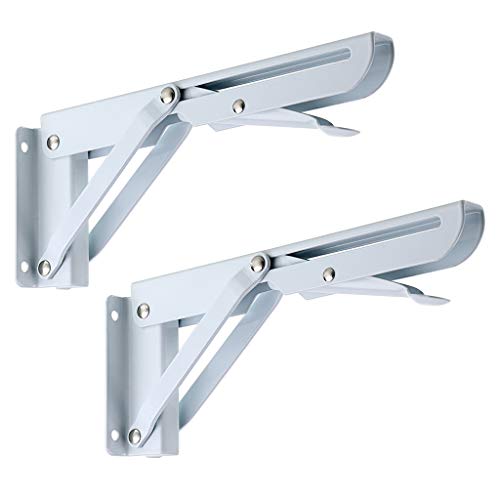 Sturdy Folding Shelf Brackets - Heavy Duty Metal Triangle Table Bench Folding Shelf Brackets, 2 Pcs Folding Shelf Hinge Wall Mounted (8 Inch, White)