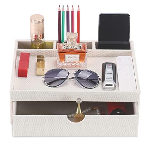 Leather Desk Organizer With Drawers, Home Cosmetics & Phone Remote Organizer, Drawer Plus Divider & Tray (white) - view 3