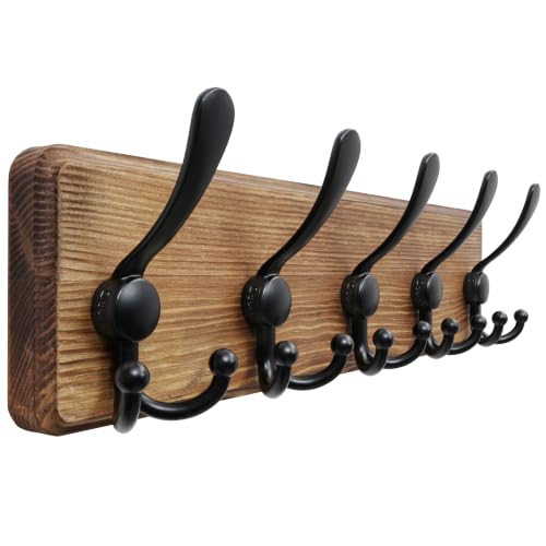 Coat Rack Wall Mounted - 5 Tri Hooks, Heavy Duty, Wooden Wall Coat Hanger Coat Hook for Clothes Hat Jacket Clothing, Natural & Black