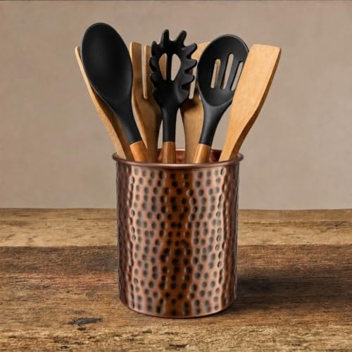 Kitchen Utensil Holder – Hand Hammered Metal Antique Copper Utensil Holder, Decorative Utensil Crock for Kitchen Counter, Cooking Tool and Spatula Holder for Countertop, Caddy Organizer - view 2
