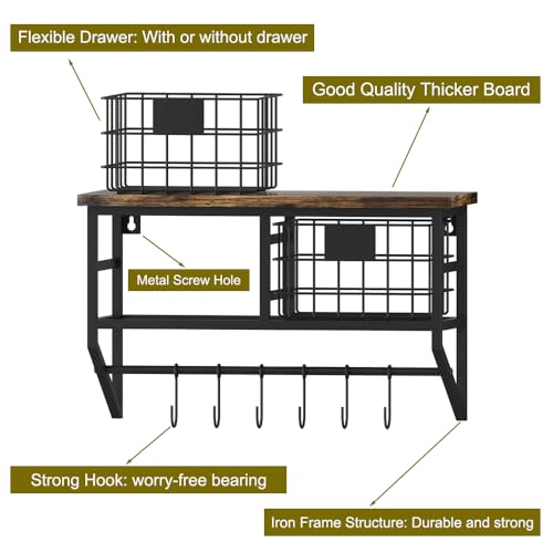 Industrial Wall Mounted Metal Wood Floating Shelves with Baskets Hooks Hanging Display Shelf Sundries Holder for Coffee Bar Kitchen Bathroom Organization and Home Decor, Black (16inch, 1 Set) - view 6