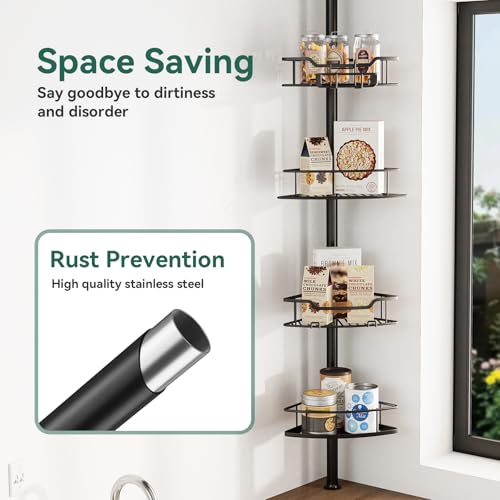 Corner Shower Caddy Tension Pole, 4 Tier Rustproof Shower Tension Rod Organizer, Adjustable 25-125 Inch Bathroom Shower Organizer Shelves for Bathtub Shampoo Storage, Black - view 3