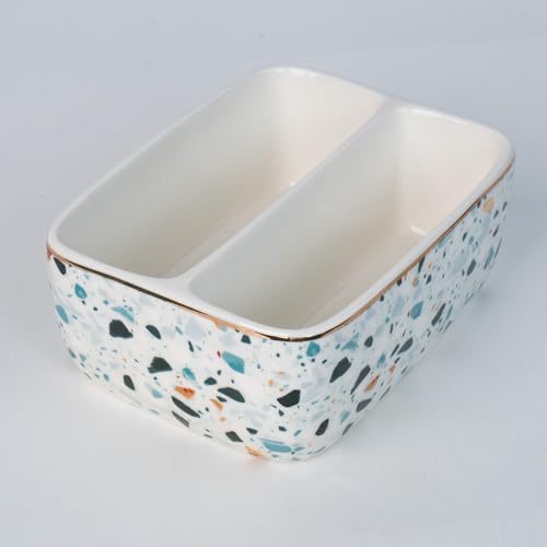 2 Compartment Ceramic Sponge Holder for Kitchen Sink, Dishwasher Safe Terrazzo Marble Pattern Sink Caddy Organizer for Sponge and Soap, Farmhouse Kitchen Countertop Decor, Light Blue - view 2
